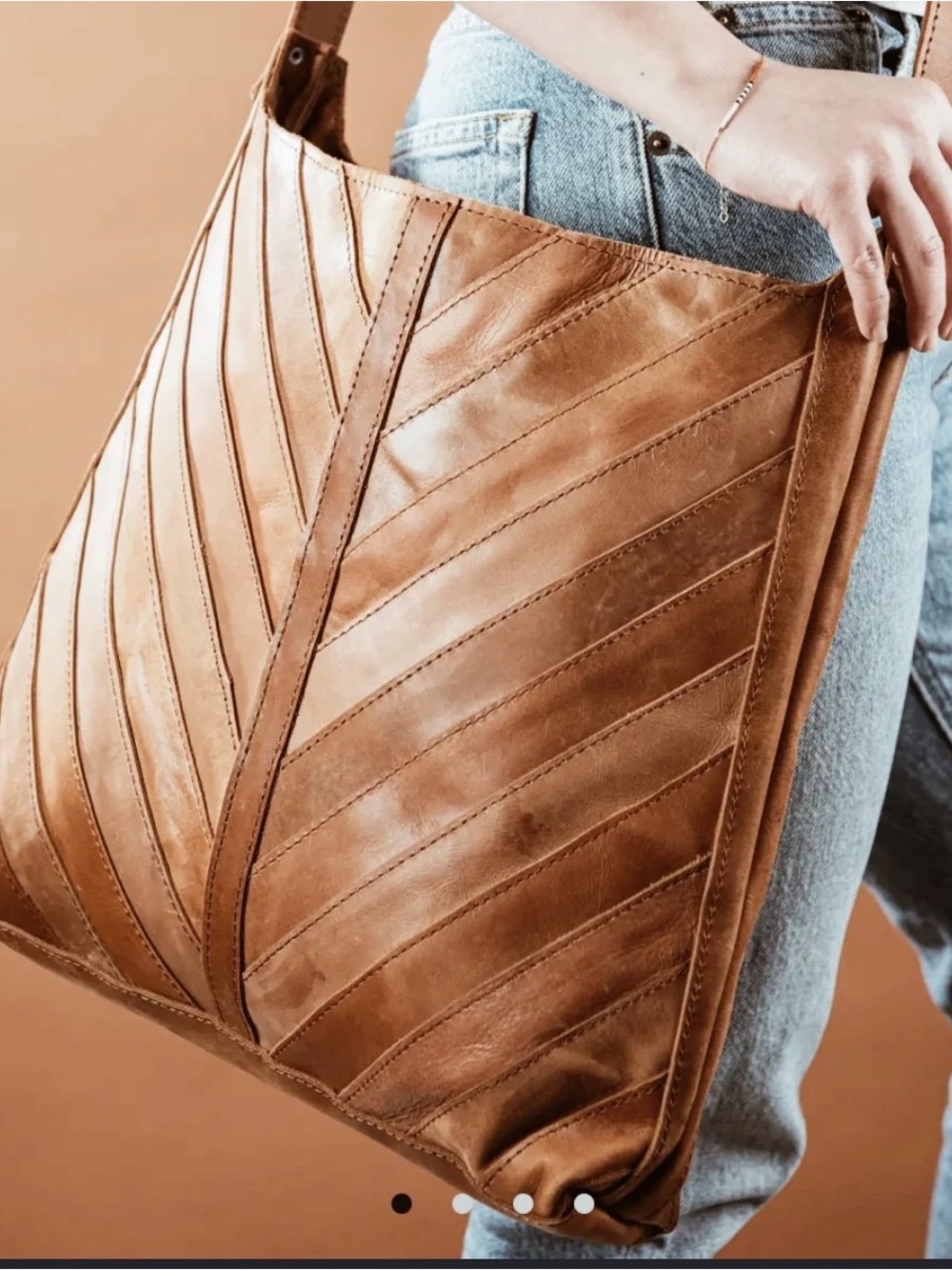 Raven + Lily Tan Chevron-Panel Leather Shoulder Bag
